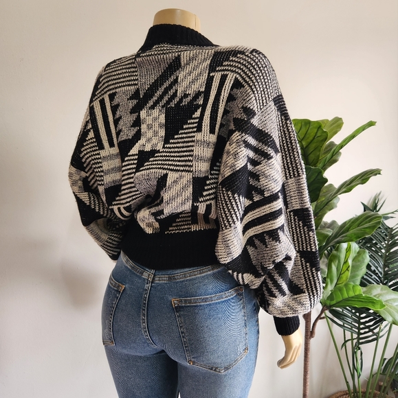 Mohair Wool Fanci Vintage Cardigan Trival Print Size M oversized Black Color - Picture 3 of 14